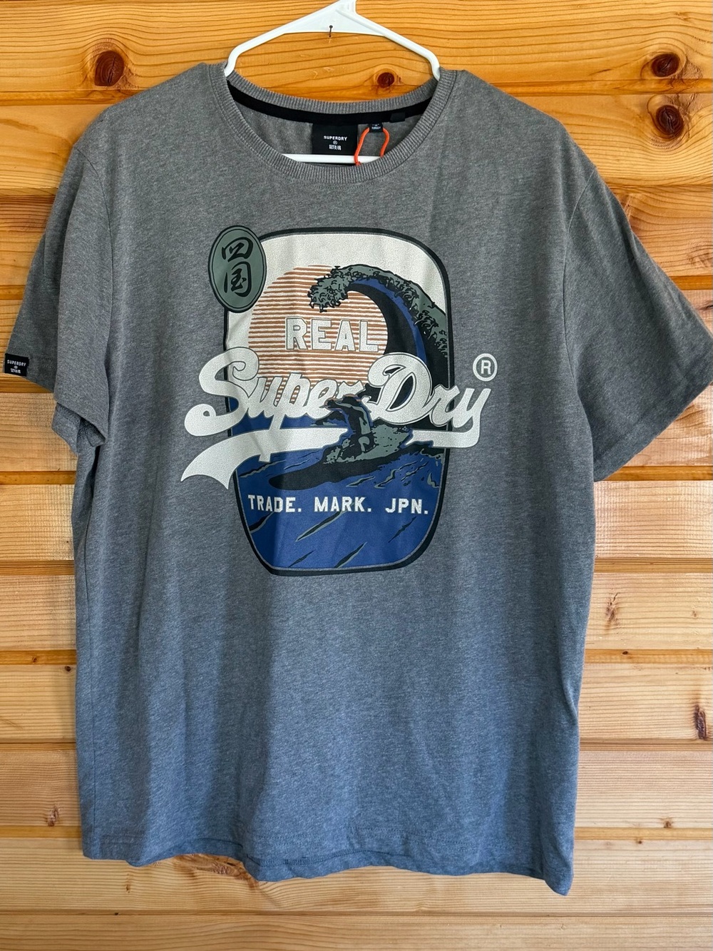 Superdry Gray Graphic Wave Logo Tee with Blue Accents